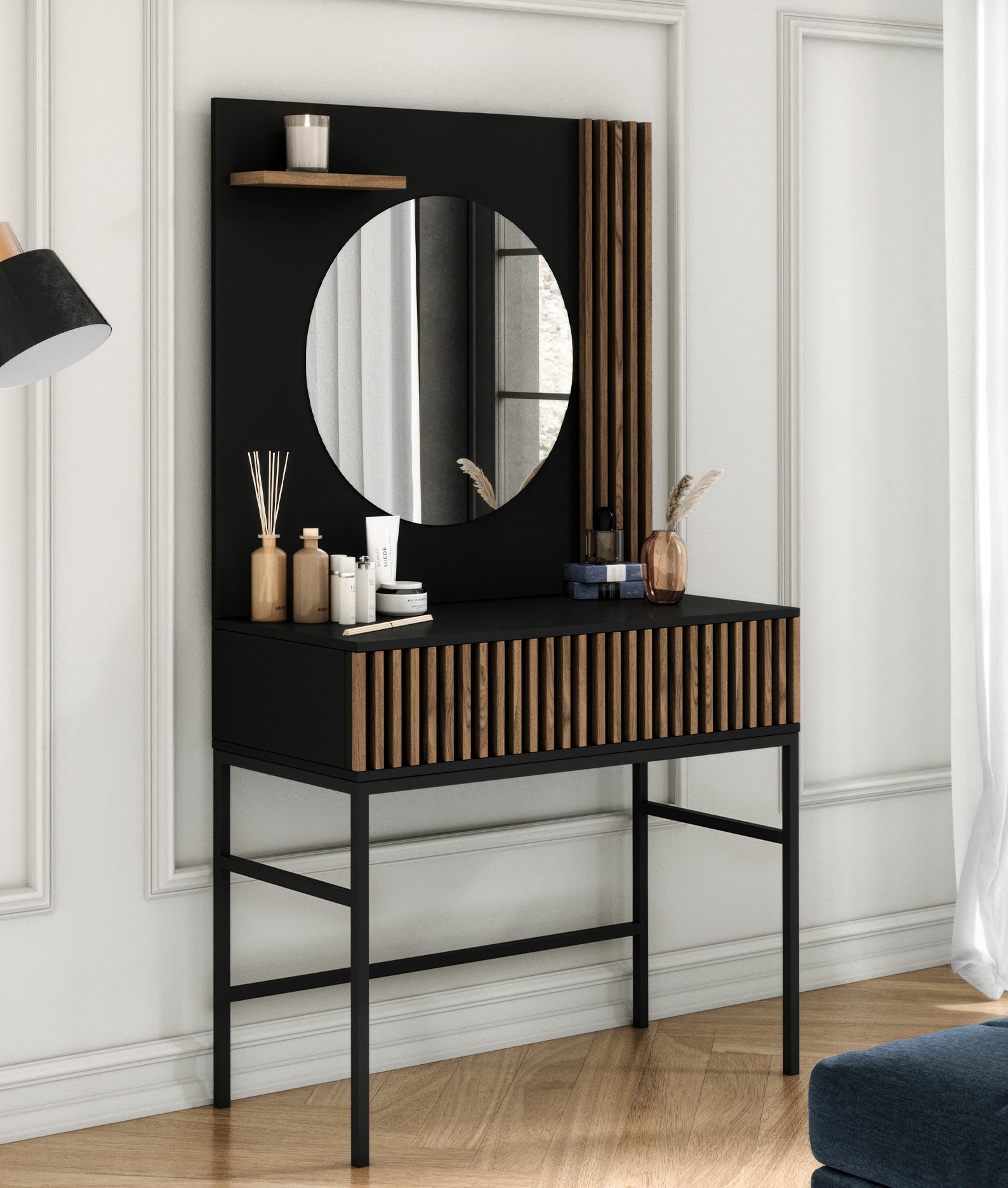 Eltap Toaletní stolek se zrcadlem Meorati 85 cm černý/dub Artisan - Obrázek 2