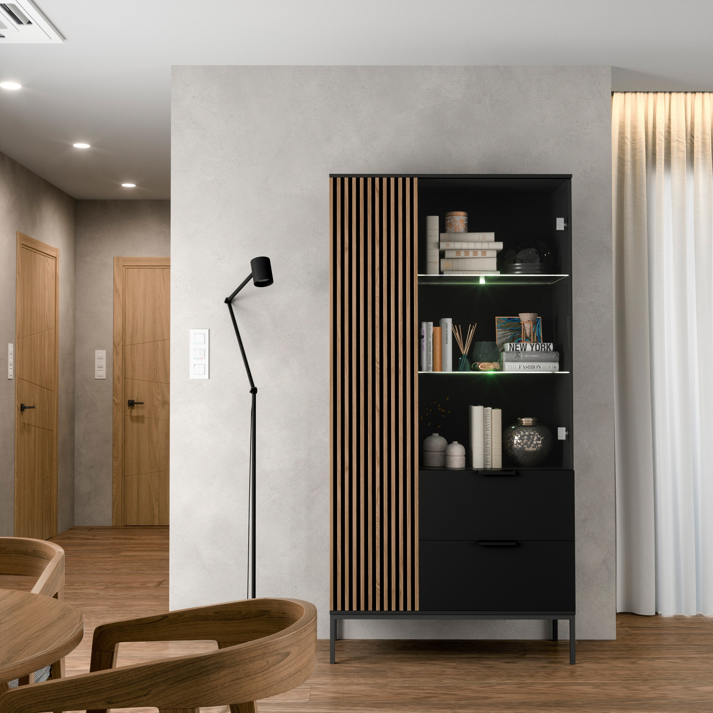 Eltap Vitrína Meorati s LED osvětlením 100 cm černá/dub Artisan - Obrázek 2