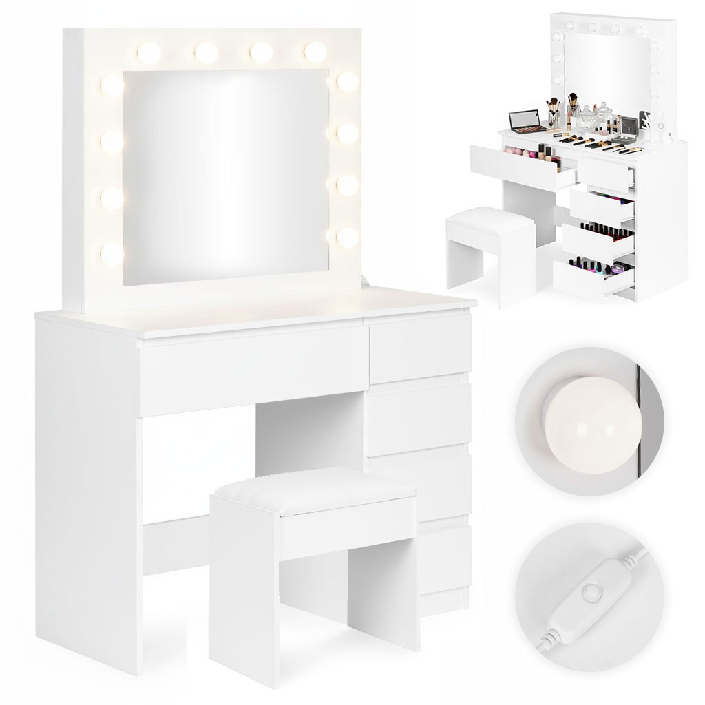 MODERNHOME Toaletní stolek s LED osvětlením a taburetem Rety 94 cm bílý - Obrázek 2