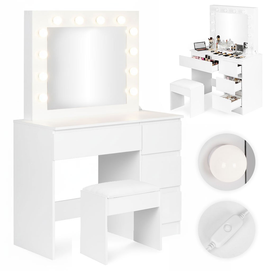 MODERNHOME Toaletní stolek s LED osvětlením a taburetem Rety 94 cm bílý II - Obrázek 2