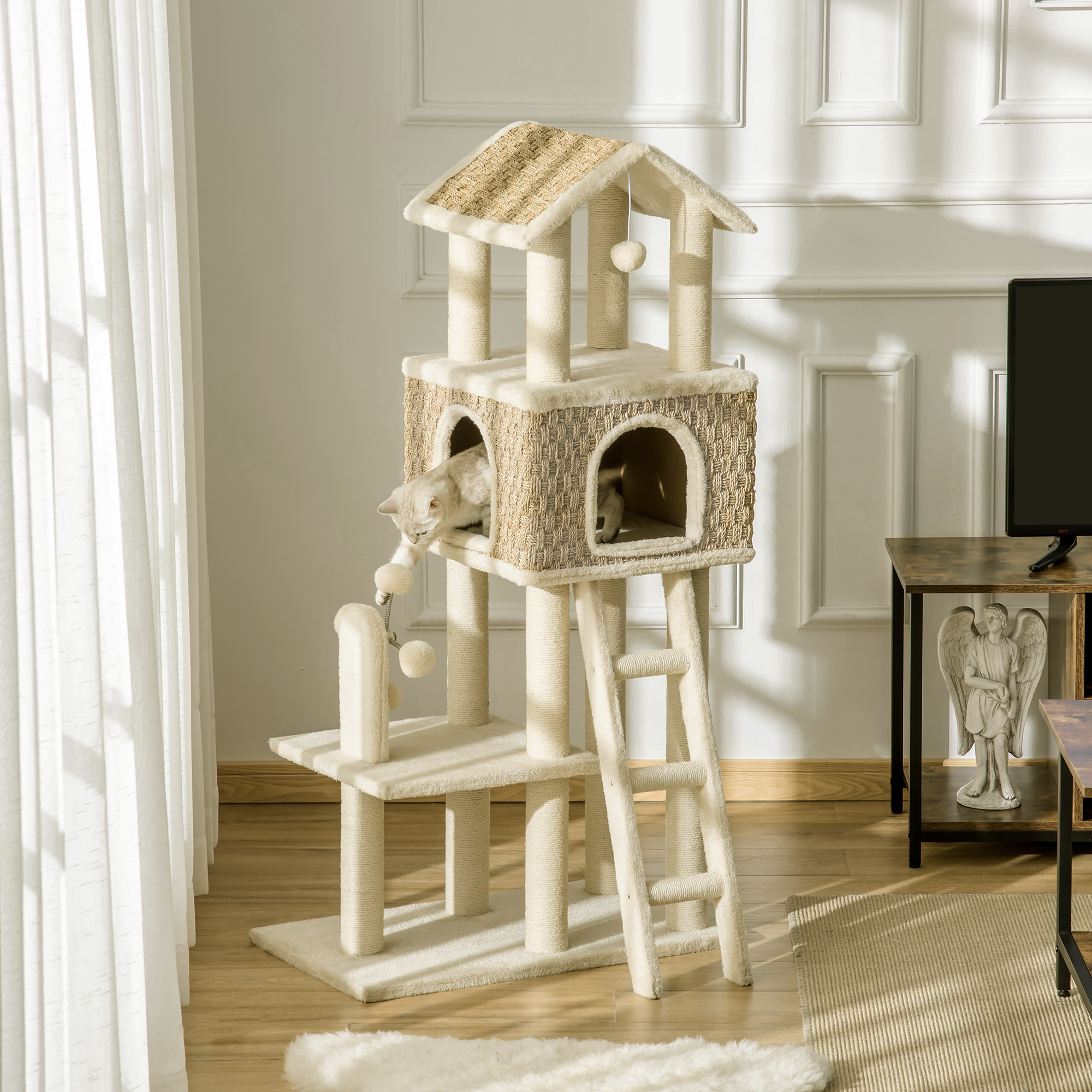 PAWHUT Kočičí strom škrabadlo HOUSE 69 x 40 x 31 cm béžová - Obrázek 2