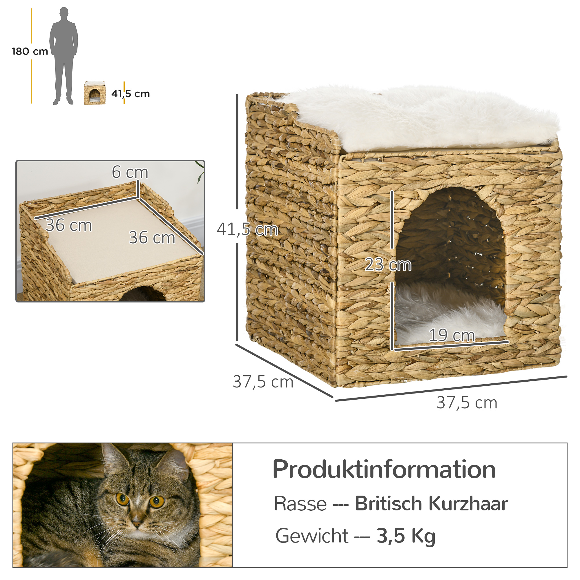 PAWHUT Pelíšek pro kočky RATTAN BOX 2 patra 38 x 38 x 41 cm přírodní - Obrázek 2